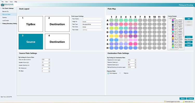Software interface showing deck locations and source plate map, with Location 3 holding a 96-well source plate containing E. coli and Klebsiella dilutions