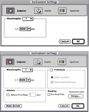 The Instrument Settings dialog box set up for a cuvette (upper) or plate (lower)