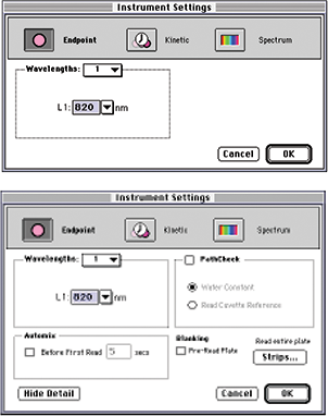 The Instrument Settings dialog box set up for a cuvette (upper) or plate (lower)