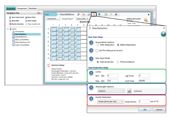 Data analysis options in the Reduction Settings menu