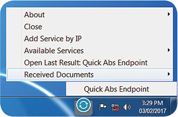 QuickSync taskbar menu showing the received data file “Quick Abs Endpoint”