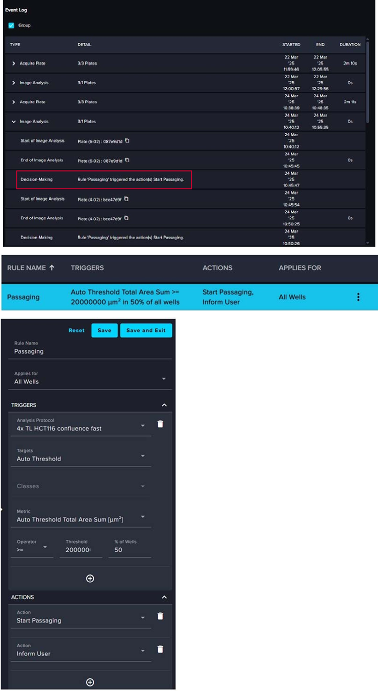 Screenshots illustrate how CellXpress.ai system automates CHO cell passaging using rule-based triggers