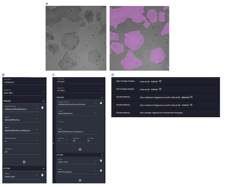 iPSC colony images with analysis masks, confluency-based user notifications, automated passaging triggers, and system log screenshot