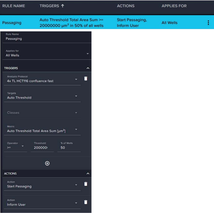 Decision-making rule used to trigger the start of cell passaging or notify the user