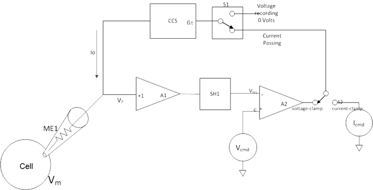 Circuit drawing of a typical discontinuous single-electrode voltage-clamp.
