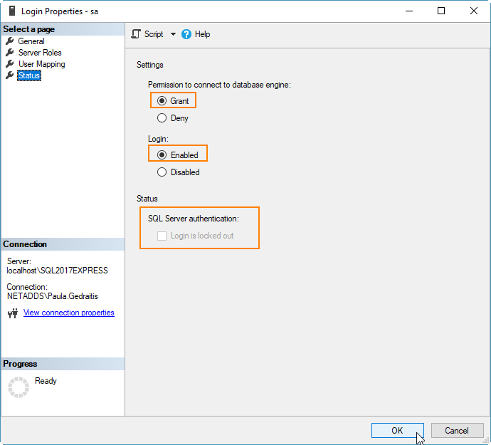 MDCStore™: Unable to login to database using sa account