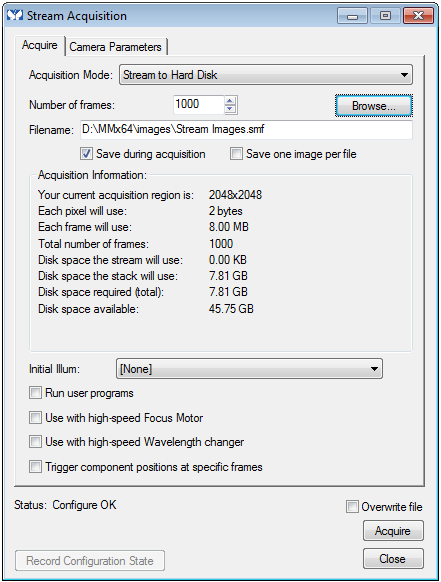 Fast streaming to a hard drive with a Hamamatsu Orca Flash 4.0 camera